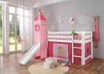 Spielbett Hochbett TOBY 60 WEISS MOTIV mit Rutsche und Turm aus massiver Buche