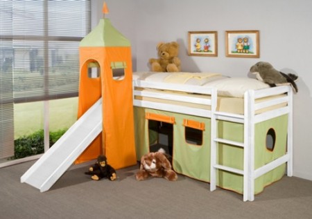 Hochbett Spielbett Toby 60 Weiss CLASSIC mit Rutsche und Turm aus massiver Buche