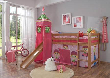 Spielbett Hochbett TOBY 60 MOTIV mit Rutsche und Turm aus massiver Buche