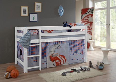 Spielbett Hochbett TIMMY 45 WEISS MOTIV aus massiver Buche