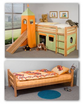 Spielbett Hochbett TOBY 60 (mit Einzelbett) CLASSIC mit Rutsche und Turm aus massiver Buche